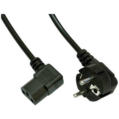 Czarny kabel sieciowy z wtyczką Schuko (europejski typ wtyczki) i gniazdem zimnym, używany do podłączania urządzeń elektrycznych do sieci elektrycznej.