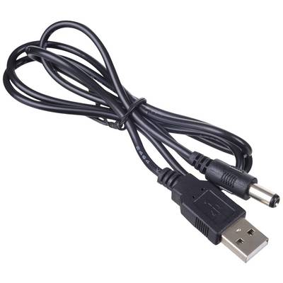 Czarny kabel USB z wtykiem USB po jednej stronie i okrągłą wtyczką DC po drugiej stronie, przeznaczony do zasilania.