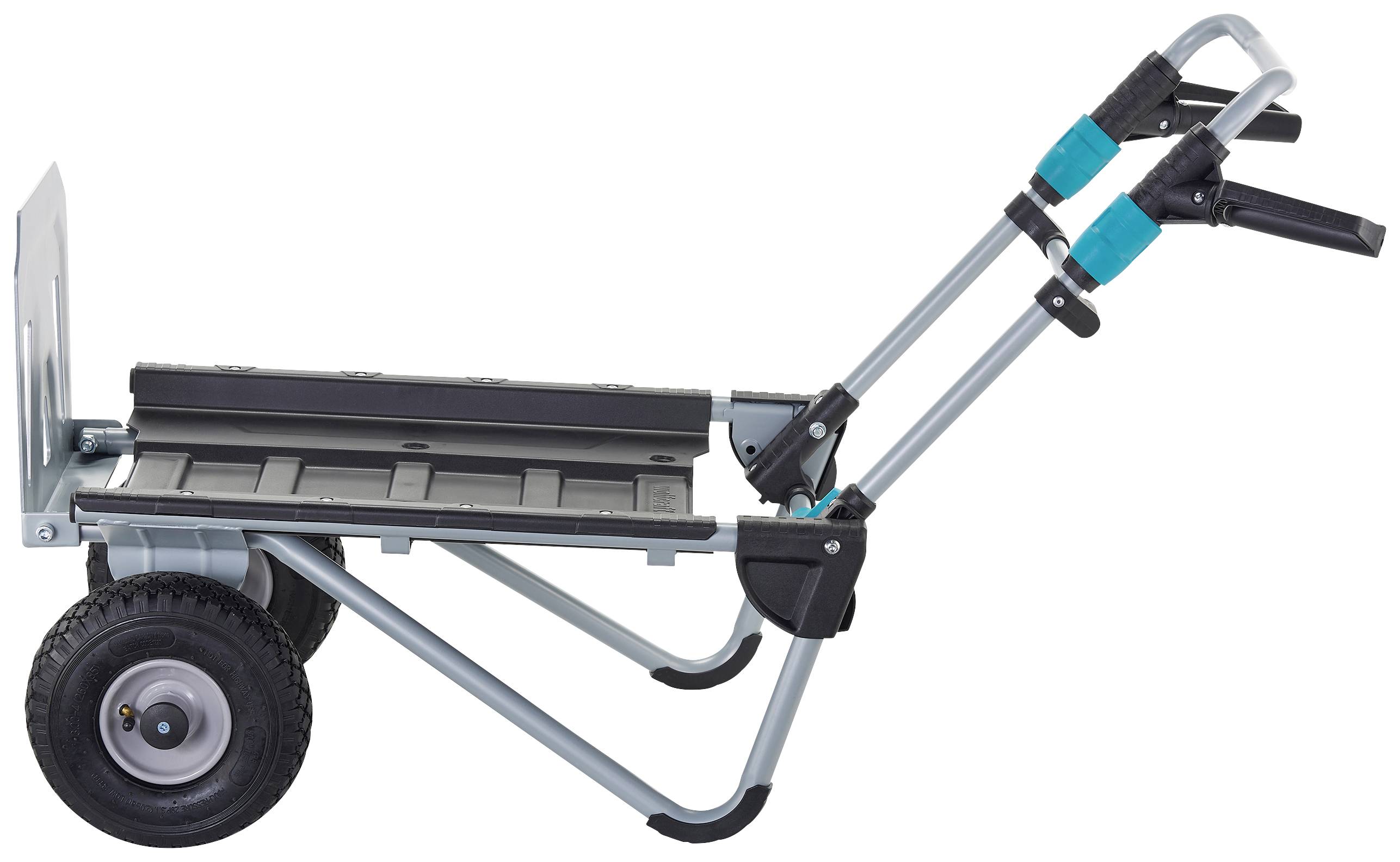 Składany wózek transportowy z dwoma dużymi kołami i uchwytem, idealny do przewożenia ciężkich przedmiotów.