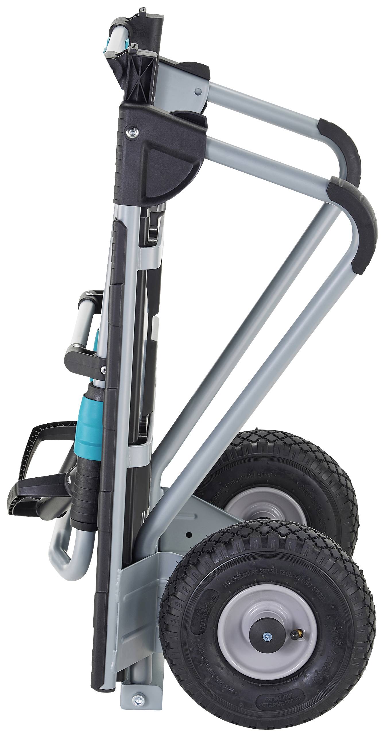 Składana taczka z dwoma dużymi kołami i szarą ramą, złożona do łatwego przechowywania lub transportu.