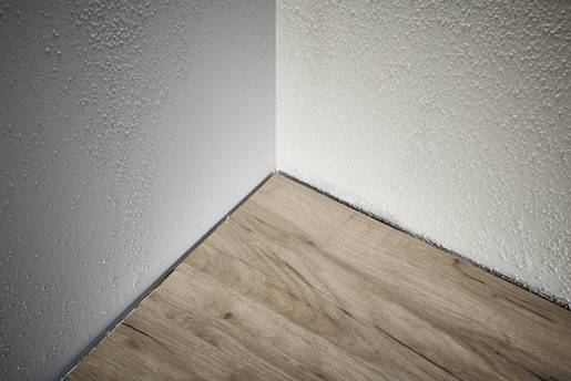 Róg pomieszczenia z drewnianą podłogą i ścianami pokrytymi białym tynkiem.