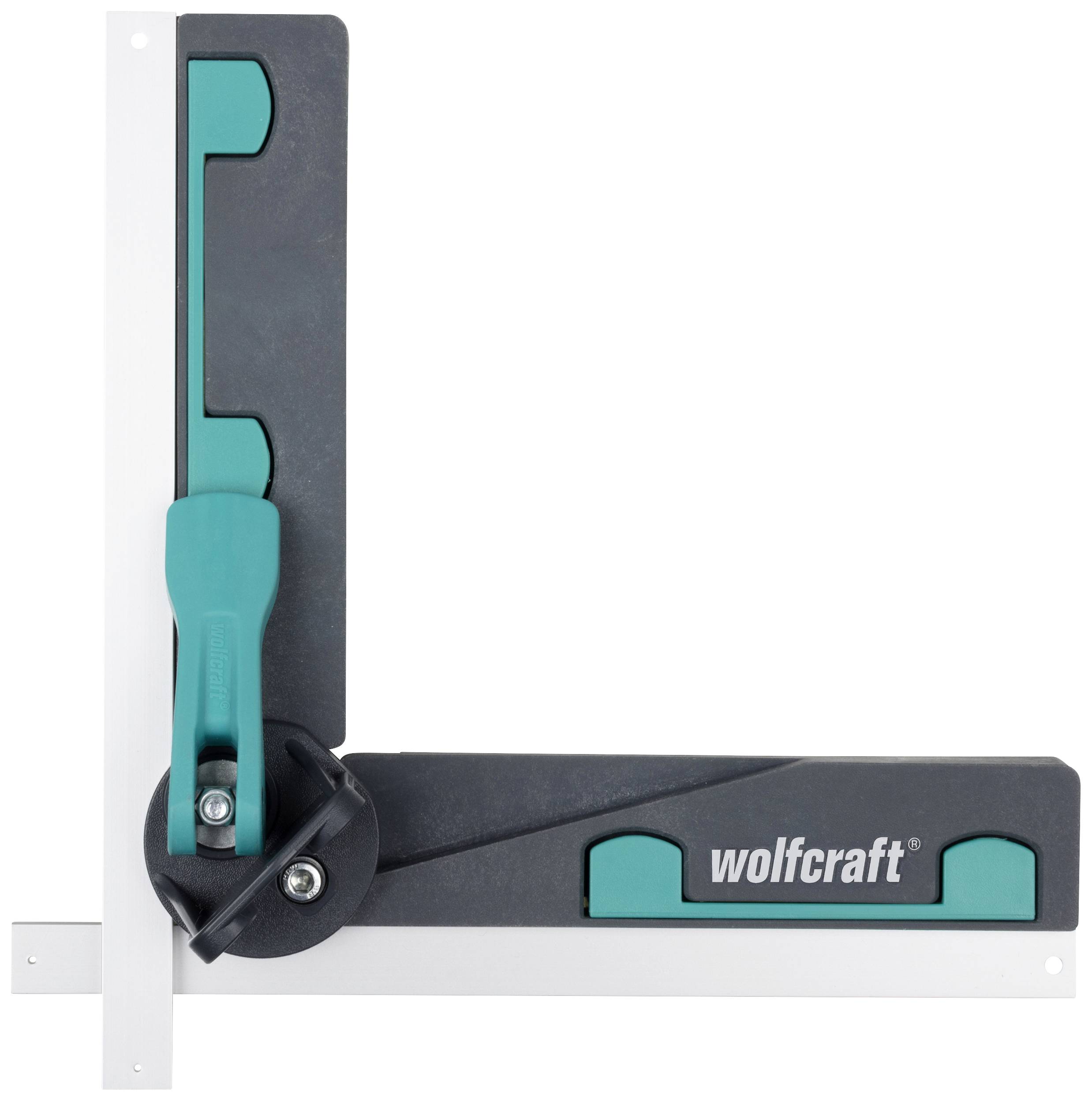 Regulowany kątowo przyrząd, używany do precyzyjnego ustawienia, z widoczną na powierzchni marką 'wolfcraft'.