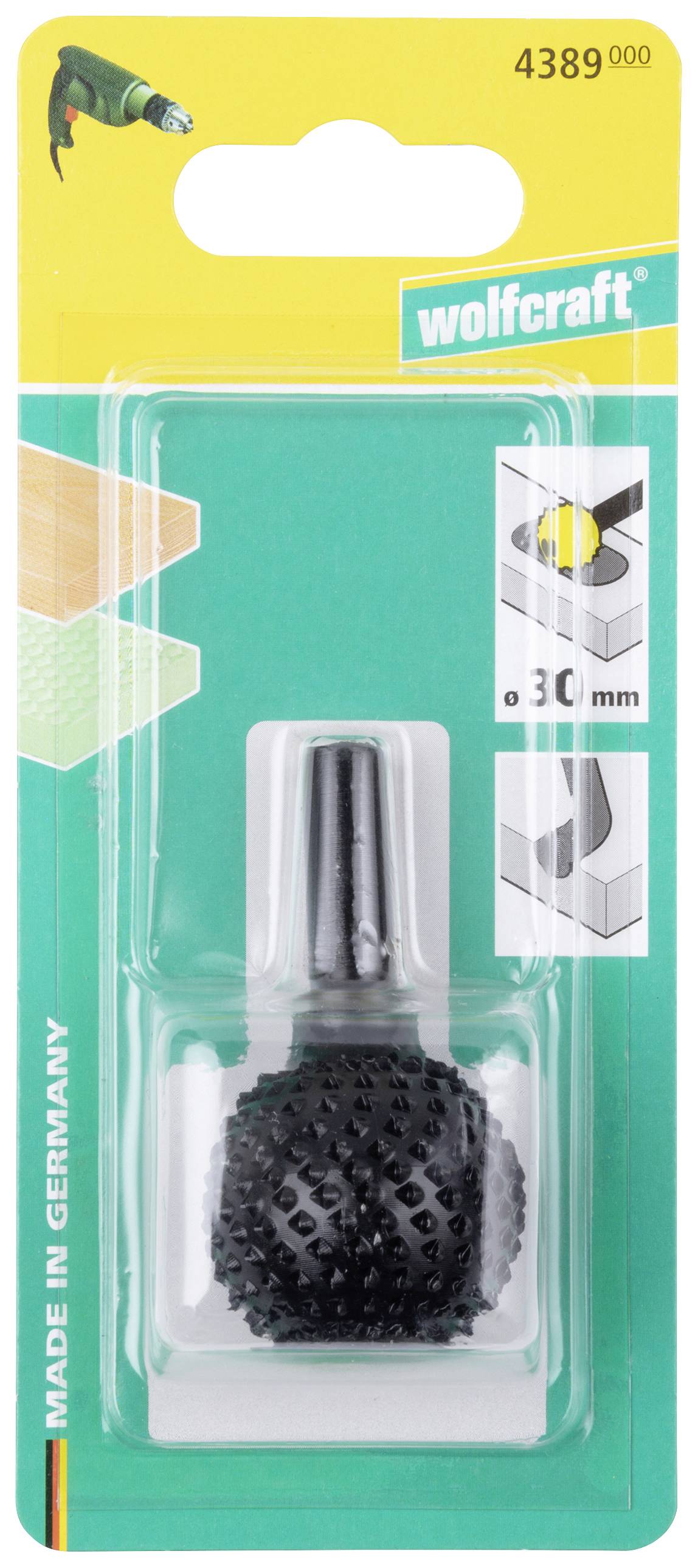 Opakowana tarnik/pilnik do drewna w kształcie kuli, Ø 30 mm, do wiertarki. Wyprodukowany w Niemczech przez wolfcraft, numer artykułu 4389000.
