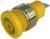 Żółty, cylindryczny przycisk naciskowy z metalową obwódką i niebieskim elementem przyłączeniowym, stosowany w obwodach elektrycznych lub mechanicznych.
