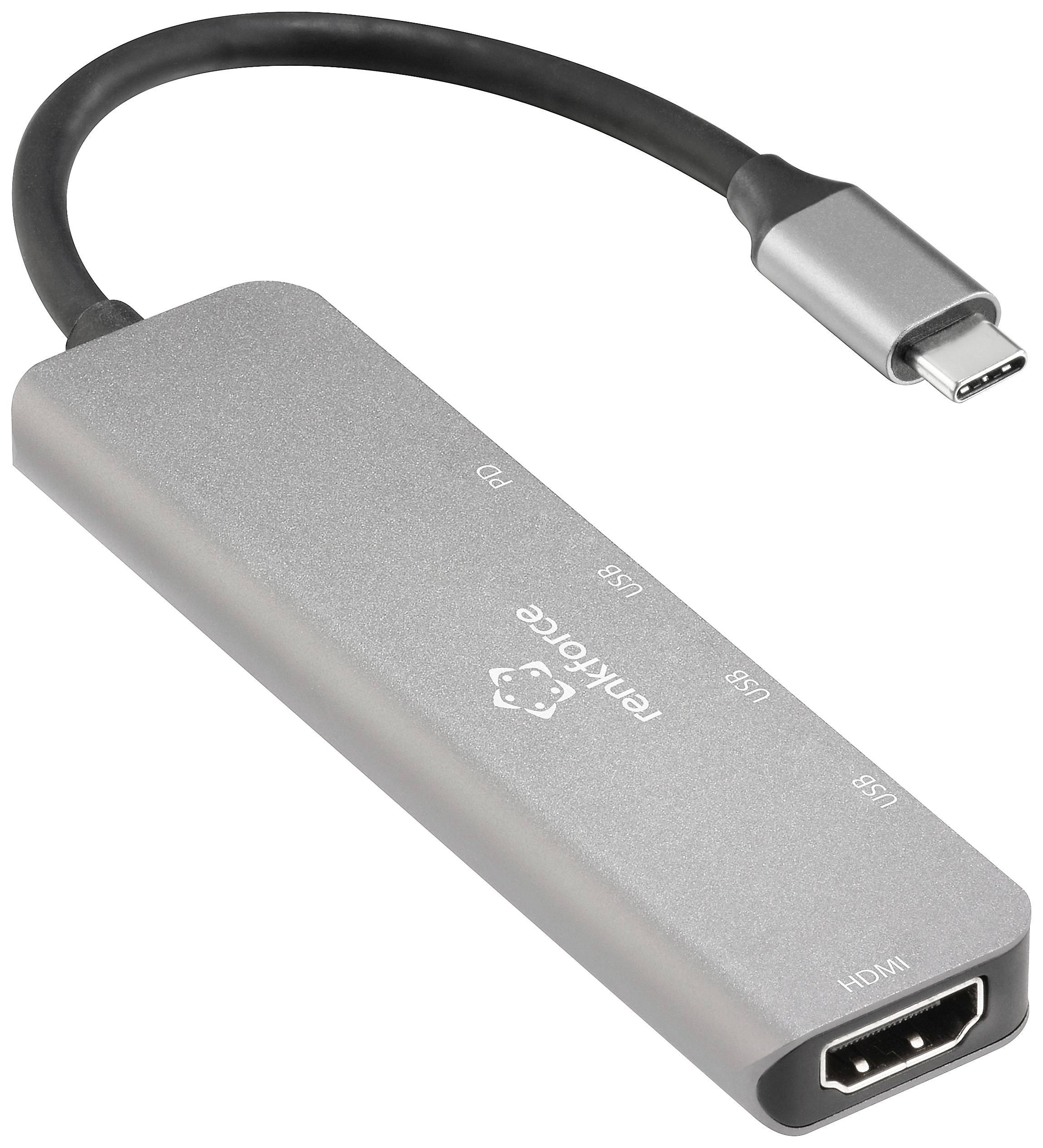 Srebrny hub USB-C z wieloma portami, w tym HDMI i USB, zapewniający rozszerzoną łączność.