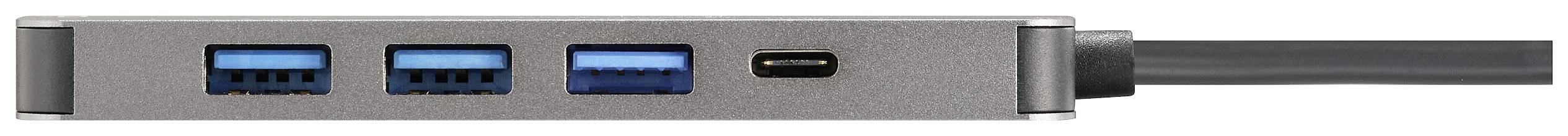 Koncentrator USB z dwoma portami USB-A i jednym portem USB-C. Urządzenie jest w kolorze srebrnym z czarnym przewodem wyprowadzonym po prawej stronie.