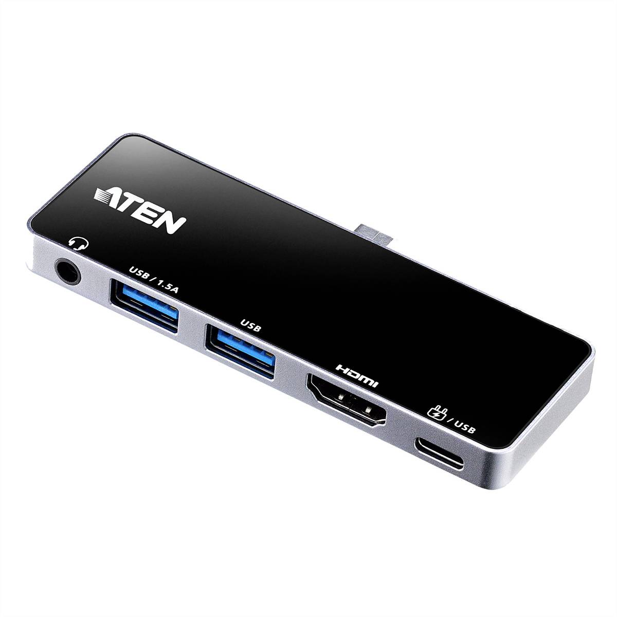 Kompaktowy czarny hub USB z portami HDMI i USB, przeznaczony do podłączenia wielu urządzeń, oznaczony logo 'ATEN'.