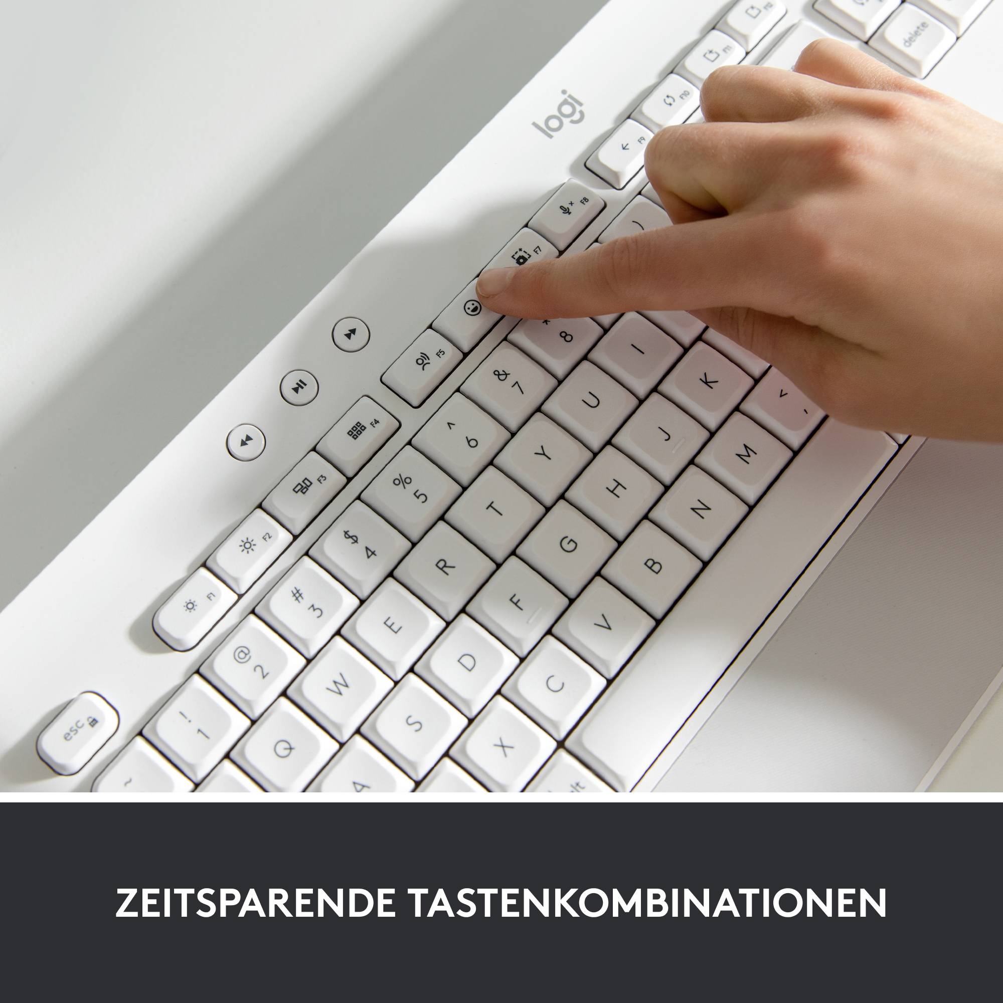 Dłoń naciska klawisze klawiatury komputerowej. Pod spodem widnieje napis: 'Czasooszczędne skróty klawiaturowe'.