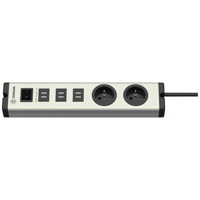 Listwa zasilająca z dwoma gniazdami elektrycznymi i czterema portami USB oraz włącznikiem zasilania.