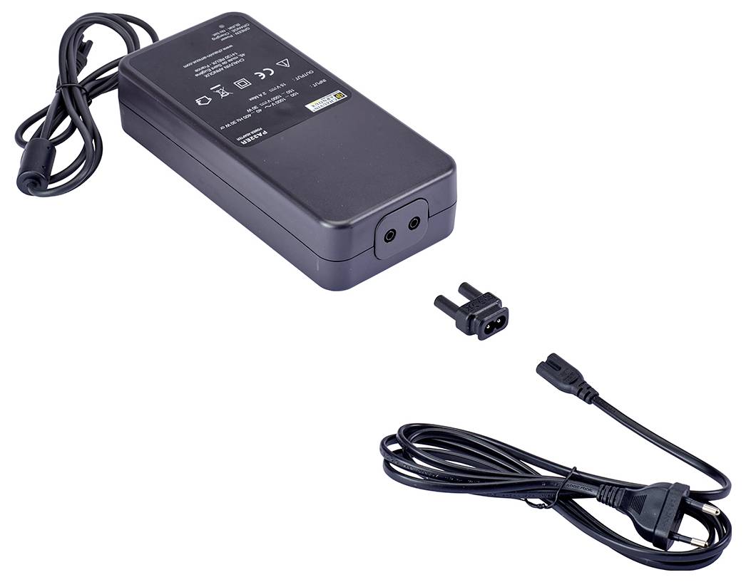 Czarny, prostokątny zasilacz z odłączanym przewodem sieciowym, prezentowany na neutralnym tle.