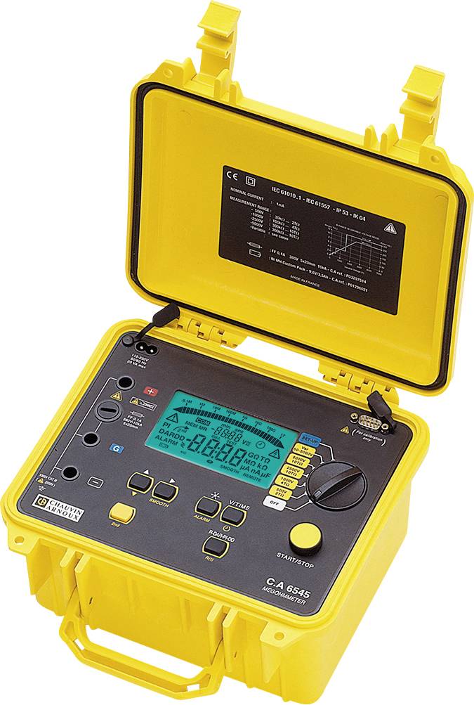 Żółte elektryczne urządzenie pomiarowe w otwartej pozycji z cyfrowym wyświetlaczem i różnymi przyciskami do obsługi.