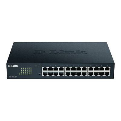 Przełącznik sieciowy D-Link z 24 portami Ethernet i diodami LED wskazującymi stan połączenia. Numer modelu: DGS-1100-24V2.