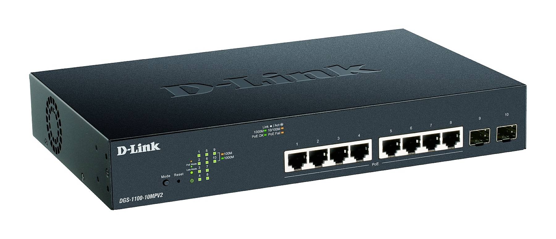 Czarny switch Gigabit Ethernet firmy D-Link z ośmioma portami, w tym czterema dodatkowymi portami. Diody LED sygnalizują stan połączenia i aktywność.