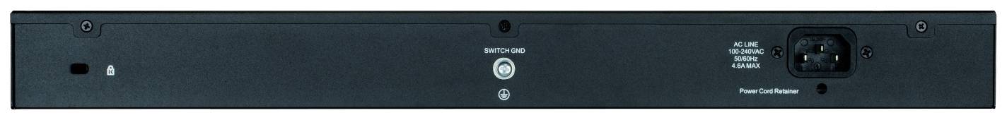 Widok z tyłu urządzenia elektronicznego z przyłączem sieciowym, przełącznikiem pośrodku oraz dodatkowymi złączami lub funkcjami po lewej stronie.