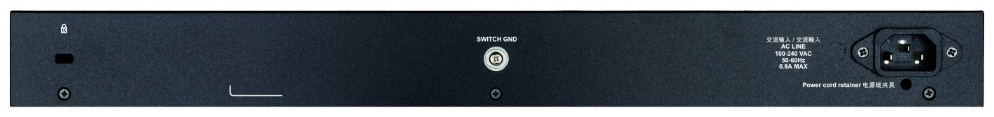 Tylna część urządzenia audiowizualnego z przyłączem sieciowym, głównym włącznikiem oraz różnymi złączami do podłączeń i sterowania.