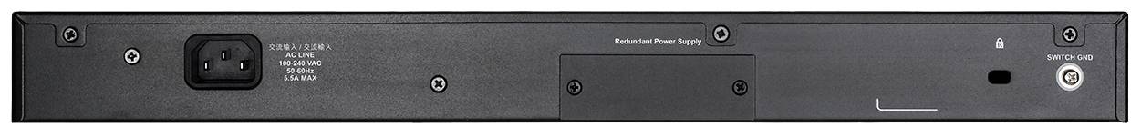 Widok z tyłu urządzenia elektronicznego z gniazdem zasilania po lewej stronie, z widocznymi etykietami i włącznikiem/wyłącznikiem po prawej stronie.