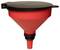 Czerwony lejek z czarną pokrywką i gwintem od dołu, przeznaczony do napełniania materiałów płynnych lub sypkich.