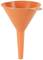 Pomarańczowy lejek z tworzywa sztucznego, odpowiedni do przelewania cieczy lub drobnych proszków.