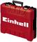 Czerwony kufer na narzędzia z czarną rączką i białym logo 'Einhell', odpowiedni do transportu i ochrony narzędzi.