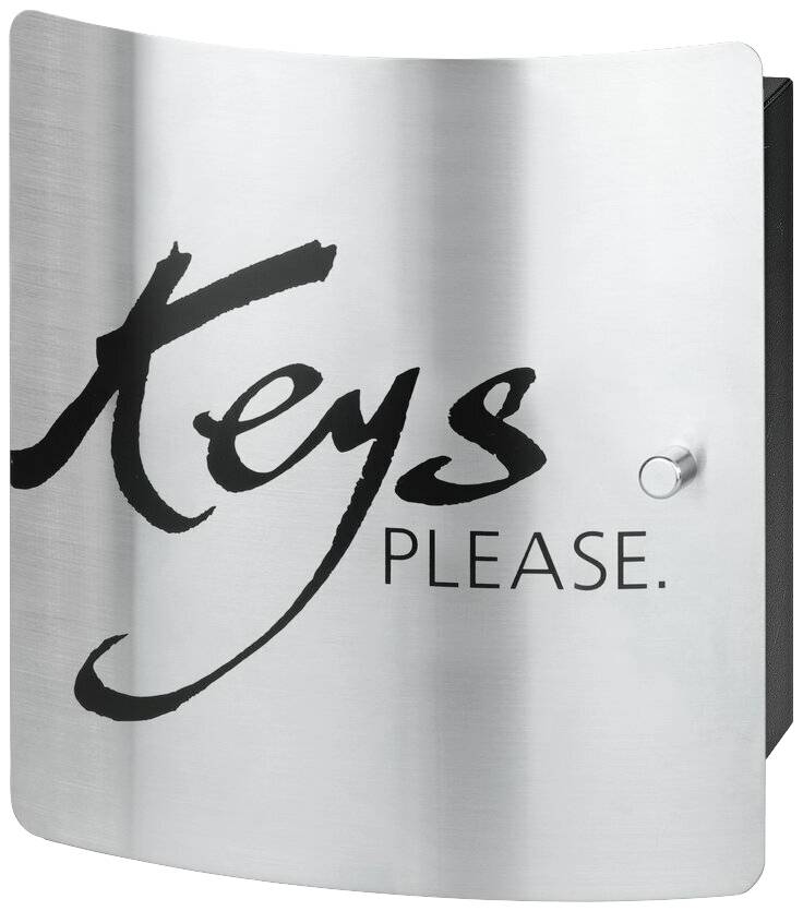 Metalowa skrzynka na klucze z czarnym napisem 'Keys please.' na przedniej stronie.