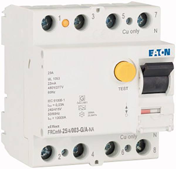 Automatyczny wyłącznik ochronny z żółtym przyciskiem testowym i czarną dźwignią, oznaczony napisem 'Eaton', specyfikacja 25A i 690V.