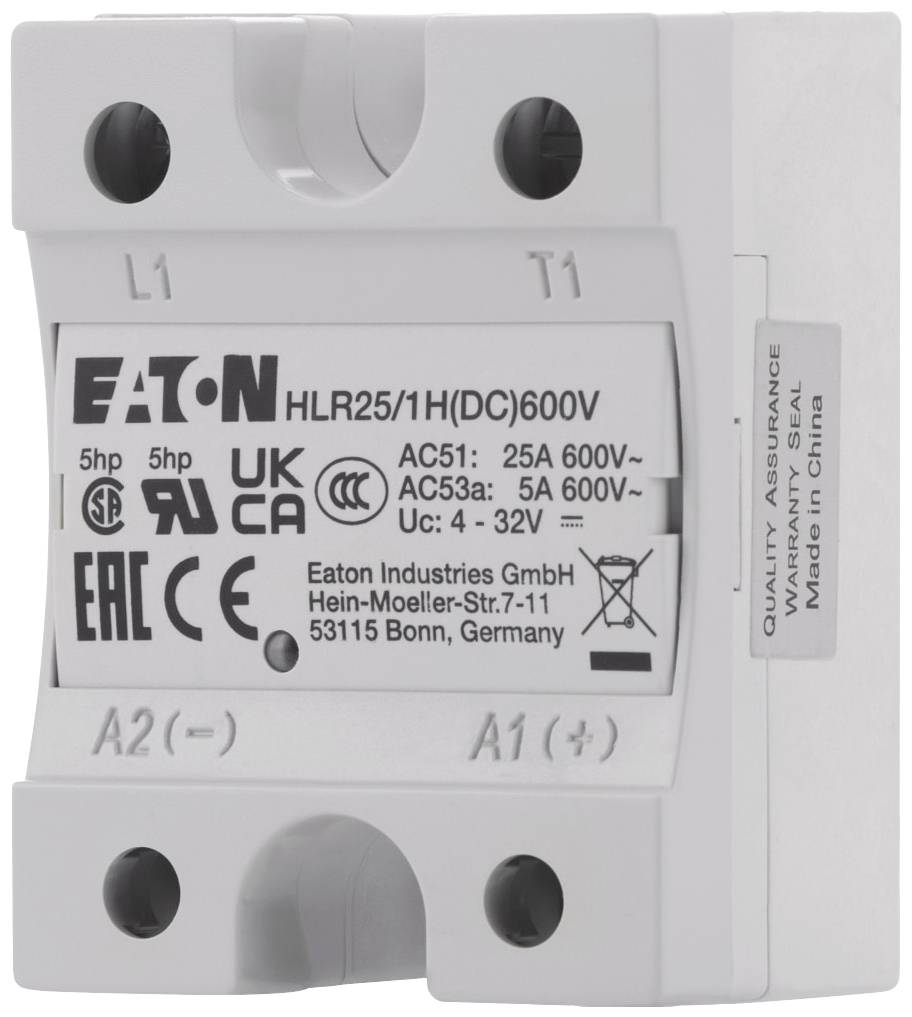 'Elektryczny moduł zasilania HLR25/1H(DC)600V firmy Eaton o specyfikacjach takich jak AC51: 25A 600V~, wyprodukowany w Chinach.'
