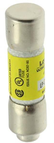 Cylindryczna bezpiecznik z metalowymi końcówkami i żółtą częścią środkową. Oznaczona informacjami dotyczącymi bezpieczeństwa i producenta.