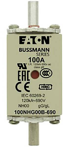 Wkładka bezpiecznikowa marki Eaton Bussmann, 100A, przeznaczona do napięć od 120 do 690V, odpowiednia do różnych zastosowań przemysłowych.