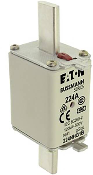 Bezpiecznik Eaton Bussmann Series, typ 224NHG1B, o natężeniu prądu 224 A i napięciu 500 V.