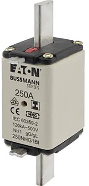 Bezpiecznik marki Eaton Bussmann Series, 250A, z oznaczeniem CE i specyfikacją elektryczną. Odpowiedni do zastosowań w obwodach ochronnych.