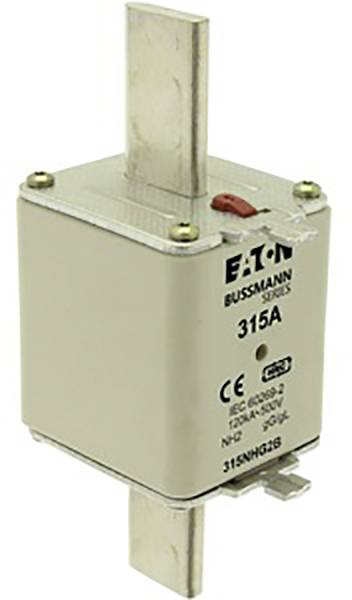 Zabezpieczenie wydajności serii Eaton Bussmann z oznaczeniem '315A', oznakowaniem CE oraz specyfikacją napięcia 120kA, 690V.