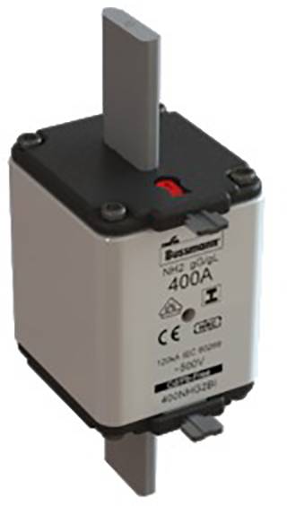 Elektryczny wkład bezpiecznikowy NH, 400A, z oznaczeniami technicznymi i oznakowaniem CE, odpowiedni do zastosowań przemysłowych.