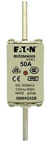 Bezpiecznik z nadrukiem 'Eaton Bussmann Series, 50A, IEC 60269-2, 120kA/500V, NH02'.