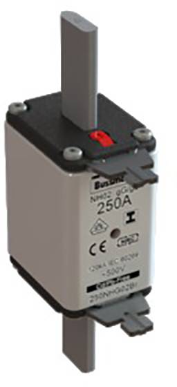 Bezpiecznik elektryczny Bussmann, seria NWS, 250 A. Obudowa w kolorze białym i srebrnym, z czerwonymi i czarnymi oznaczeniami.