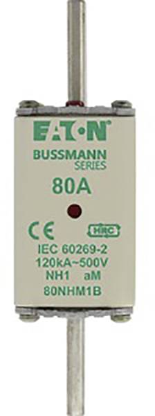 Wyłącznik bezpiecznikowy marki EATON Bussmann Series, 80A, IEC-60269-2, do napięć do 500V i prądów do 120kA, typ NH1 aM.