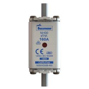 Bezpiecznik elektryczny z napisem 'Bussmann NH00 gG/gL 160A' i oznaczeniem '120kA IEC 60269, 400V, Cd/Pb-Free'.