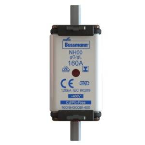 NH-wkładka bezpiecznikowa firmy Bussmann o natężeniu prądu znamionowego 160A i napięciu 400V. Oznaczenia: CE, 120kA IEC 60269.