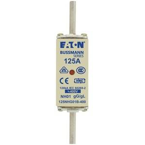 Bezpiecznik marki Bussmann, 125 amperów, z oznaczeniem CE i HRC. Odpowiedni dla 400 V, typ NH01 gG/gL.