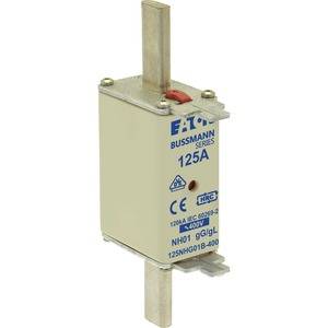 Wkładka bezpiecznikowa NH firmy Bussmann, 125A, z metalowymi stykami i oznaczeniami, przeznaczona do stosowania w systemach elektrycznych.