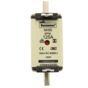 Przedstawiono bezpiecznik elektryczny 'Bussmann NH00 125A', odpowiedni dla 500V AC i 120kA.