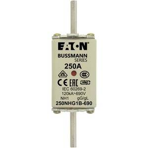 Bezpiecznik NH firmy Eaton Bussmann o wartości 250A, przystosowany do napięć 120kA/690V zgodnie z normą IEC 60269-2.