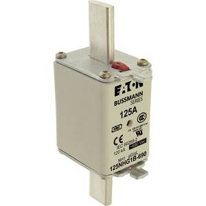 Zabezpieczenie wydajności Eaton Bussmann, seria 125A, typ NH1, z metalowymi stykami górnymi i dolnymi, odpowiednie do zastosowań wysokoprądowych.