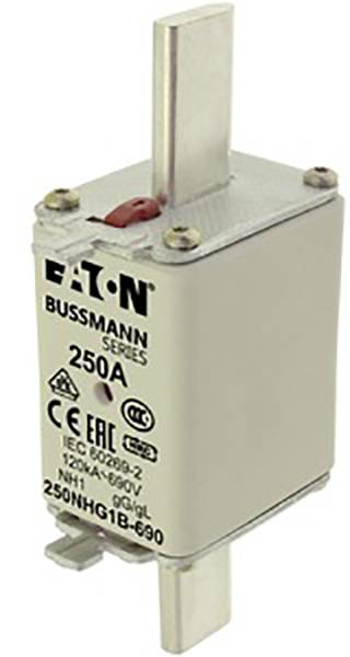 Bezpiecznik elektryczny z napisem 'Eaton Bussmann Series 250A', przeznaczony do zastosowań o mocy 120kA/690V.