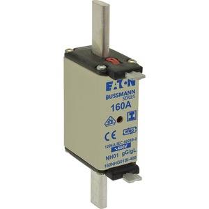 Bezpiecznik NH marki Eaton Bussmann, 160A, 400V, z oznaczeniem CE. Element zabezpieczający przed przepięciami w instalacjach elektrycznych.