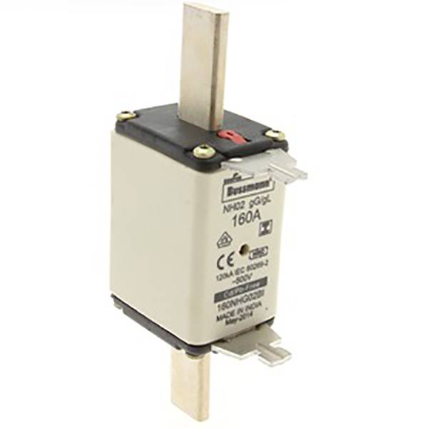 'Bezpiecznik elektryczny 160A, metalowe złącza na górze i dole, prostokątny kształt z czarną obudową. Widoczne szczegółowe napisy na powierzchni.'