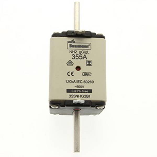 Bezpiecznik elektryczny z napisem 'Bussmann 355A'. Odpowiedni dla 120kA, IEC 60269, 500V. Główny element bezpiecznika elektrycznego.