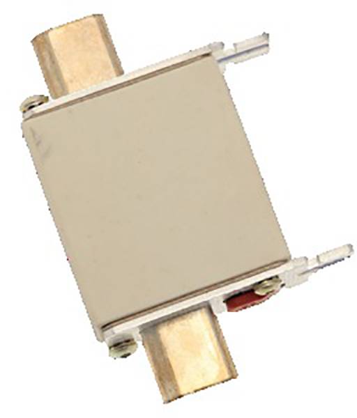 Prostokątny element elektryczny z dwoma metalowymi przyłączami u góry i u dołu. Służy do łączenia lub izolacji w obwodach elektrycznych.