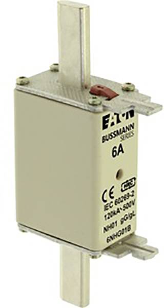 Wkładka bezpiecznikowa Eaton Bussmann o wartości 6 amperów, odpowiednia dla napięcia do 500V. Prostokątny kształt z dwoma stykami metalowymi.
