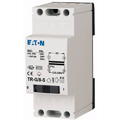 Elektryczny wyłącznik mocy firmy Eaton, model TR-G/8-S, przedstawiający specyfikacje techniczne i symbole instalacji oraz użytkowania.