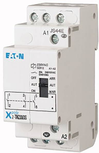 Biały elektryczny przełącznik firmy Eaton z napisem '230VAC 50Hz' oraz opisanymi pozycjami: 'ON', 'OFF', 'ARR', 'AUT'.
